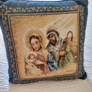 Riverdale Decorative Tapestry Throw Pillow Mary Joseph Baby Jesus Blue 17"